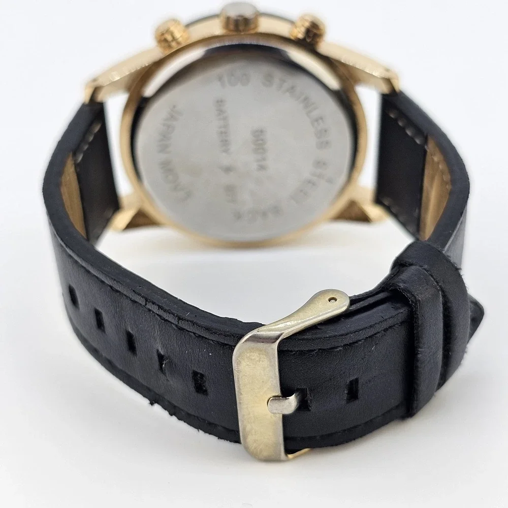 Men's Analog Watch 46MM Black Dial Black Faux‎ Leather Bands New Battery